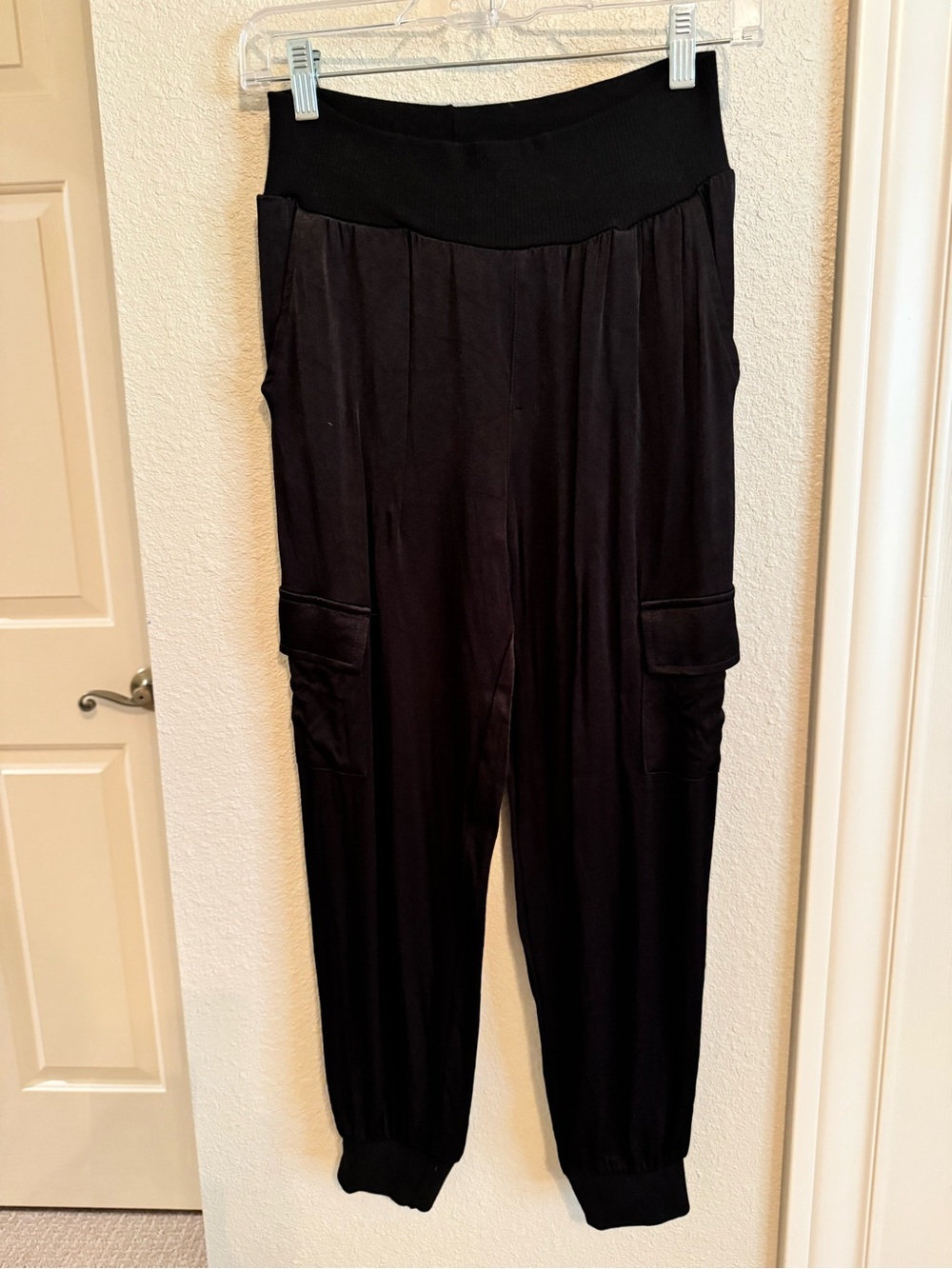 Black Women's Satin Cargo Jogger Pants